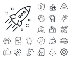 Poster - launch project sign. salaryman, gender equality and alert bell outline icons. startup rocket line ic