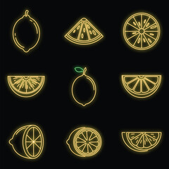 Poster - Tropical lime icons set. Outline set of tropical lime vector icons neon color on black