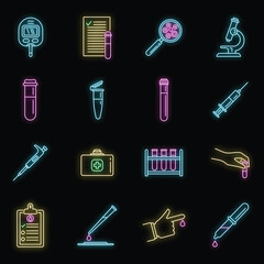 Poster - Medical blood test icons set. Outline set of medical blood test vector icons neon color on black