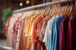 Stylish colorful female clothes, dresses, blouses, on hangers in modern store, closeup. Clothes on second hand shop, reuse concept