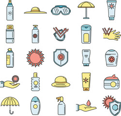 Poster - Uv sun protection icons set. Outline set of uv sun protection vector icons thin line color flat on white