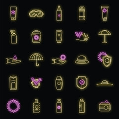 Poster - Uv sun protection icons set. Outline set of uv sun protection vector icons neon color on black