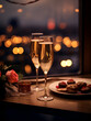Romantic dinner table with two glasses of champagne and food, blurry lights background and candle light