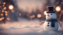 Winter Holiday Christmas Background - Closeup Of Cute Funny Laughing Snowman With Hat And Scarf, On Snowscape With Bokeh Lights.