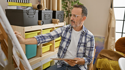 Wall Mural - Relaxed, grey-haired middle-aged man fully immersed in creativity, concentrating on his painting. studio alive with the inspiring brush strokes of a serious male artist.