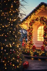 Aufkleber - A house adorned with colorful Christmas decorations and twinkling lights. Perfect for adding a touch of holiday cheer to any project