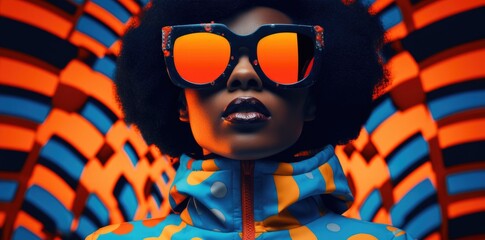 Fashion retro futuristic girl on background with circle pop art background. Woman in sunglasses in surrealistic 60s-70s disco club culture life style