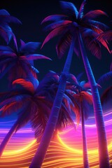 Poster - Palm trees silhouetted against a dark night sky on a beach. Perfect for tropical vacation themes