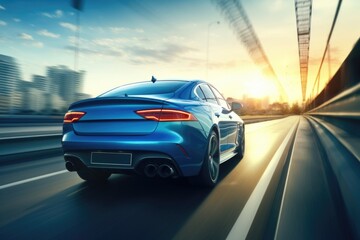 Poster - Blue car driving on a highway with buildings in the background. Perfect for transportation or urban lifestyle concepts