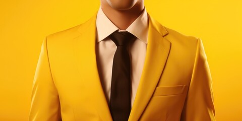 Poster - A man wearing a yellow suit and black tie. This picture can be used for fashion-related content or business-related articles