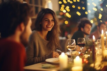 Poster - A group of people gathered around a dinner table, enjoying a meal together. Suitable for illustrating family gatherings, social events, or restaurant scenes