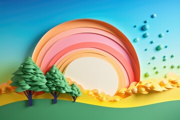 Sticker - A paper cut landscape featuring trees and a vibrant rainbow. Ideal for crafts, scrapbooking, and creative projects