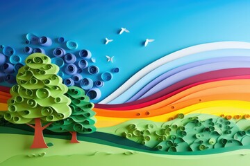 Paper cut landscape with vibrant colors, featuring trees and birds. Perfect for adding a pop of color to any design or project