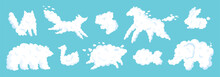 Cartoon Animal Shaped Clouds. Imagination Game. Cumulus Zoomorphic Forms. Bear And Rabbit. Cloudy Mammals. Horse And Elephant. Outlines Similarity. Garish Vector Cloudscape Elements Set