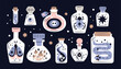 Cartoon potion bottles. Magic elixirs in different flasks. Alchemist or witch ingredients. Witchcraft poisons. Mushrooms and animals in vials. Sorcerer chemistry. Garish vector set