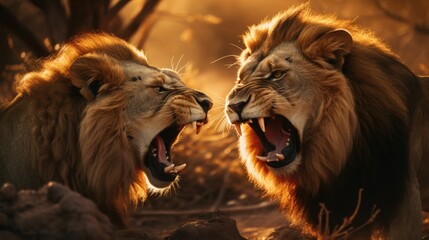 Poster - Two lions standing side by side. Perfect for nature and wildlife-themed projects