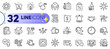 © blankstock - Outline set of Execute, Vanadium mineral and Time line icons for web with Analytics graph, Whiskey glass, Home insurance thin icon. Food delivery, Fingerprint, Payment message pictogram icon. Vector