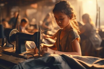 Poster - A little girl is using a sewing machine. This image can be used to illustrate children learning a new skill or for promoting creativity and crafts