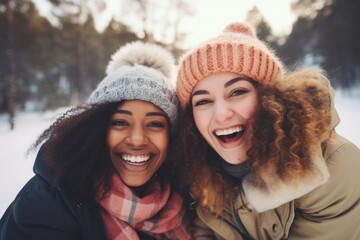 Poster - Two women smiling and posing for a picture in a snowy setting. Ideal for winter-themed projects or capturing joyful moments in the snow