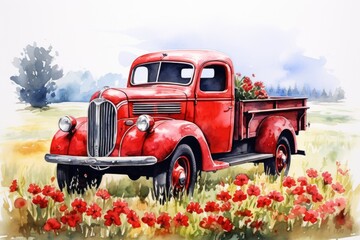 Poster - A vibrant painting of a red truck amidst a beautiful field of flowers. Perfect for adding a pop of color and nature to any space