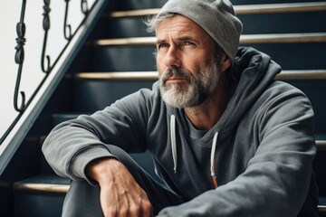 Poster - A man sitting on the steps of a staircase. Suitable for various themes and concepts