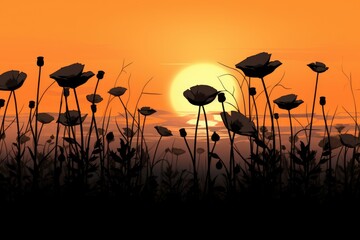 Poster - A beautiful sunset scene with the sun setting over a field of vibrant flowers. Perfect for nature and landscape enthusiasts.