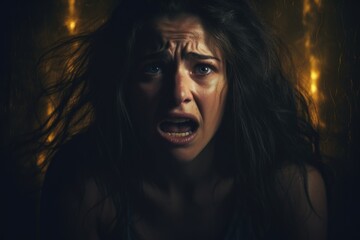 Poster - A close up shot of a woman making a facial expression. This image can be used to convey emotions or as a visual representation of expressions