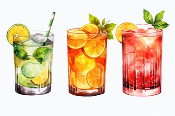 Sticker - Three glasses filled with different drinks, perfect for illustrating a variety of beverages. Ideal for use in menus, recipe books, or articles about mixology