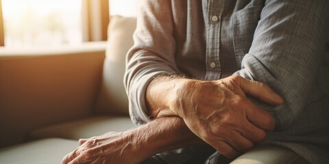 Aufkleber - Close up of a person's hands resting on a chair. Suitable for various themes and concepts