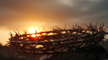 Poster - A powerful image of a crown of thorns set against a captivating sunset. Perfect for religious and spiritual themes, as well as symbolizing pain, sacrifice, and redemption.