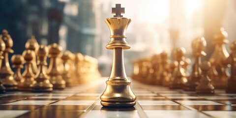 Poster - A golden chess piece on a chess board. Ideal for illustrating strategy, competition, and intelligence.
