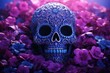 a blue day of the dead skull covered in purple flowers