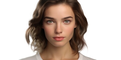Poster - A woman wearing a white shirt and with brown hair. Suitable for various uses