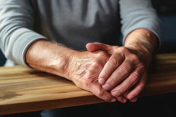 Poster - A close-up view of a person's hands resting on a table. This image can be used to depict concepts such as work, productivity, creativity, or relaxation