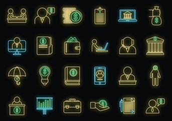 Poster - financial advisor bank icons set. outline set of financial advisor bank vector icons neon color on b