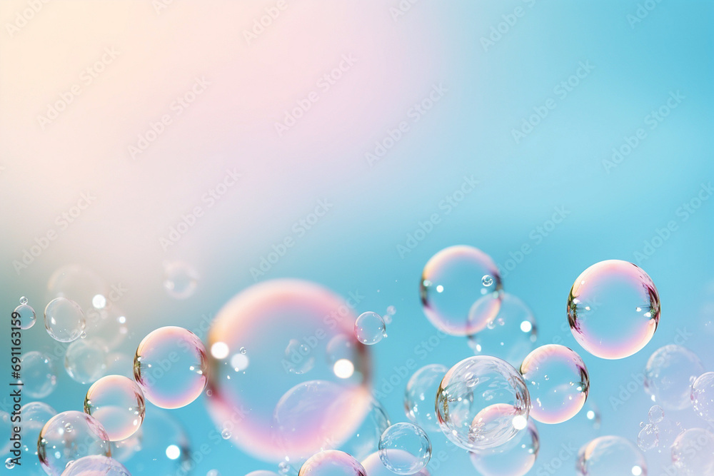 Soap bubbles floating in the air on pastel gradient background ...