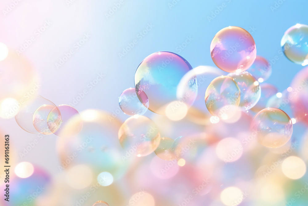 Soap bubbles floating in the air on pastel gradient background ...