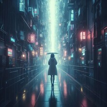 People Walking On The Street At Night, City Cyberpunk Neon Lights