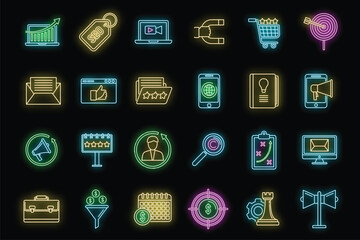Poster - Remarketing strategy icons set. Outline set of remarketing strategy vector icons neon color on black