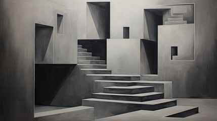 Poster -  a painting of a set of stairs leading up to a second set of stairs in a room with gray walls and white steps leading up to the second set of stairs.