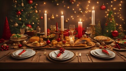  A festive dinner table set with a delicious Christmas feast and candles.
