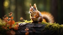 A Squirrel With A Red Tail Is Resting On A Tree Stump Where There Are Mushrooms Growing