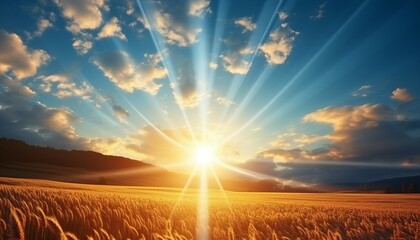 Wall Mural - Sunrise over serene countryside vibrant wheat fields and fluffy clouds on clear blue sky