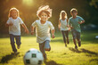 A joyful outdoor scene of active children playing football together in the park, showcasing the spirit of teamwork, friendship, and carefree enjoyment on a sunny day.
