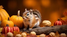 A Chipmunk Posing In Front Of Rustic Autumn Decorations.