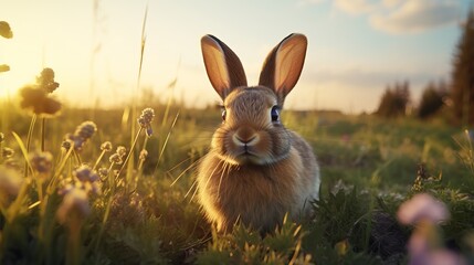 A close-up shot of a charming bunny on a field.