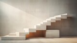 Fototapeta  -  a set of white stairs leading up to the top of a set of stairs in a room with light coming in from the ceiling and a window on the wall.
