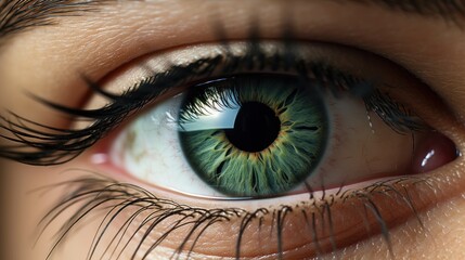 Poster -  a close up of a person's eye with blue and green eyeshade and long black hair on the outside of the iris of the iris of the eye.