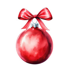 Wall Mural - Red watercolor Christmas ball with ribbon and a bow, isolated on background. Generative AI.