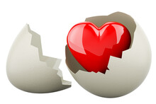 Red Heart Inside Broken Chicken Egg, 3D Rendering Isolated On Transparent Background
